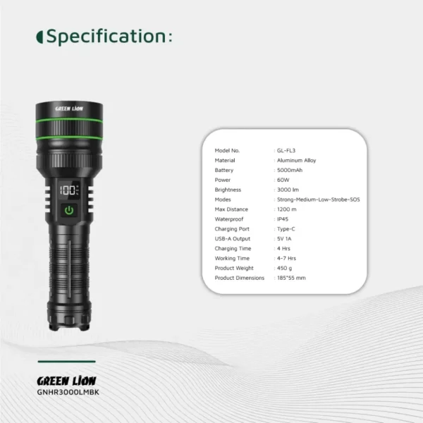 چراغ قوه گرین لاین مدل GNHR3000LMBK ظرفیت ۳۰۰۰ لومن - تصویر 8
