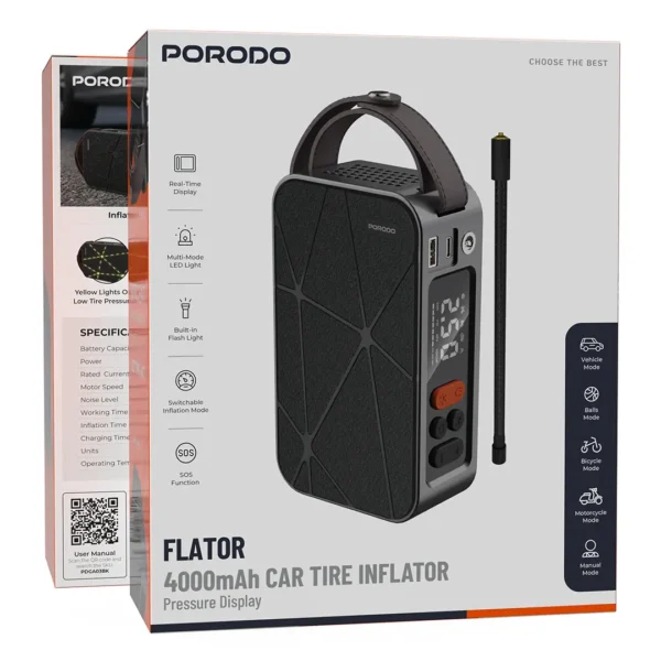 کمپرسور باد خودرو شارژی پورودو Flator 4000 میلی‌آمپرساعت با نمایشگر فشار - تصویر 2