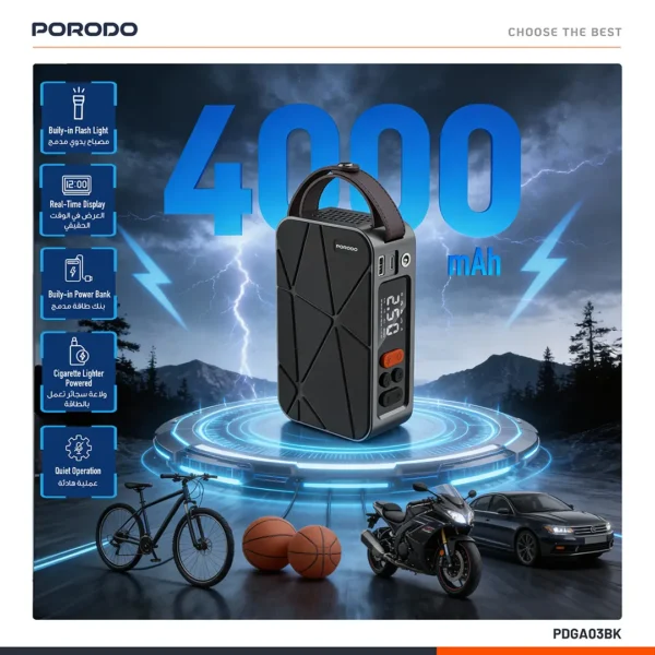 کمپرسور باد خودرو شارژی پورودو Flator 4000 میلی‌آمپرساعت با نمایشگر فشار - تصویر 6