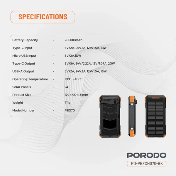 پاوربانک خورشیدی پورودو 20000mAh | 4-Panel Solar | PDPBFCH070BK - تصویر 3