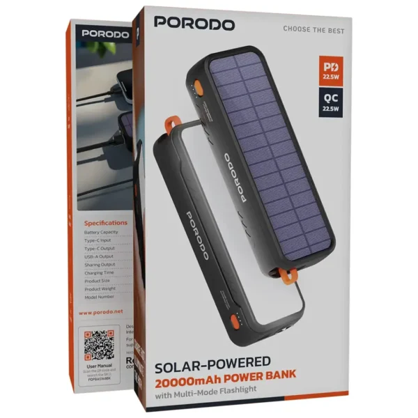 پاوربانک خورشیدی پورودو 20000mAh مدل PDPBAS149BK با شارژ سریع 22.5W - تصویر 4
